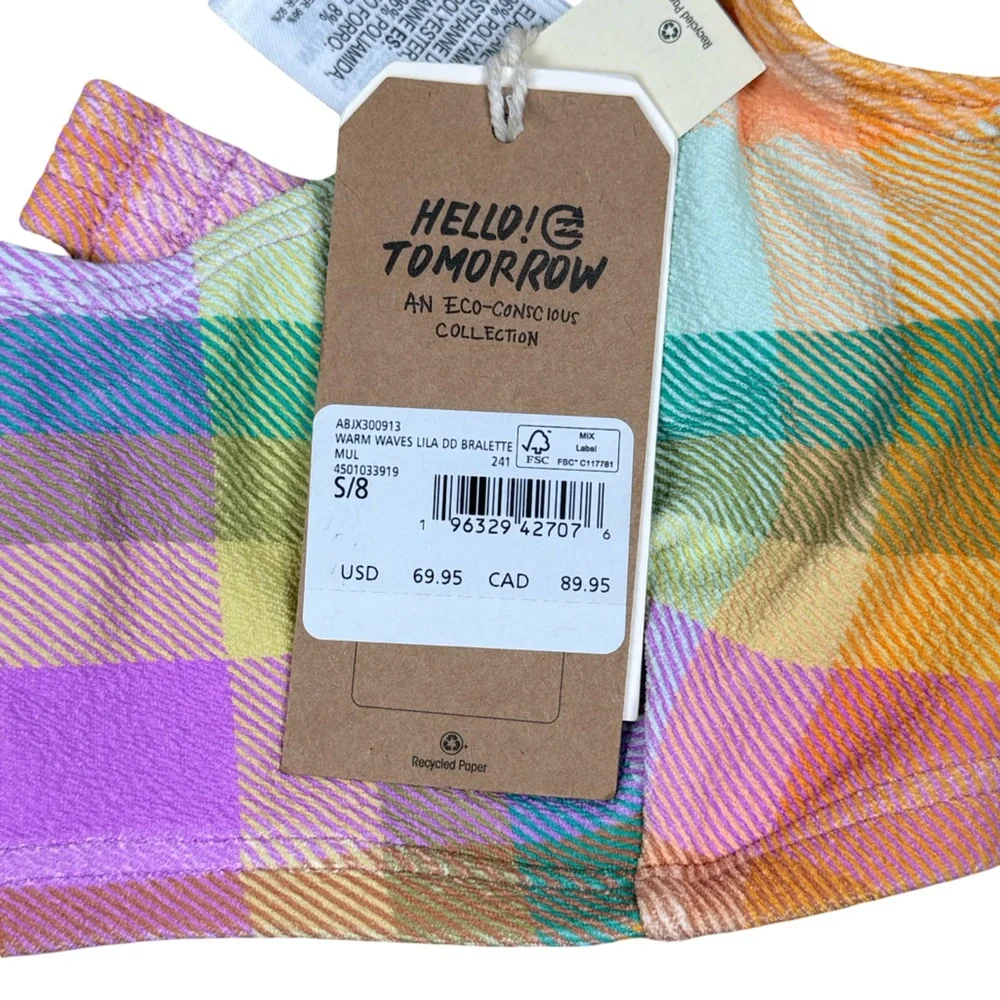 NWT Billabong Warm Waves Lila DD Bralette Pastel Plaid Swimsuit Bikini Top Small